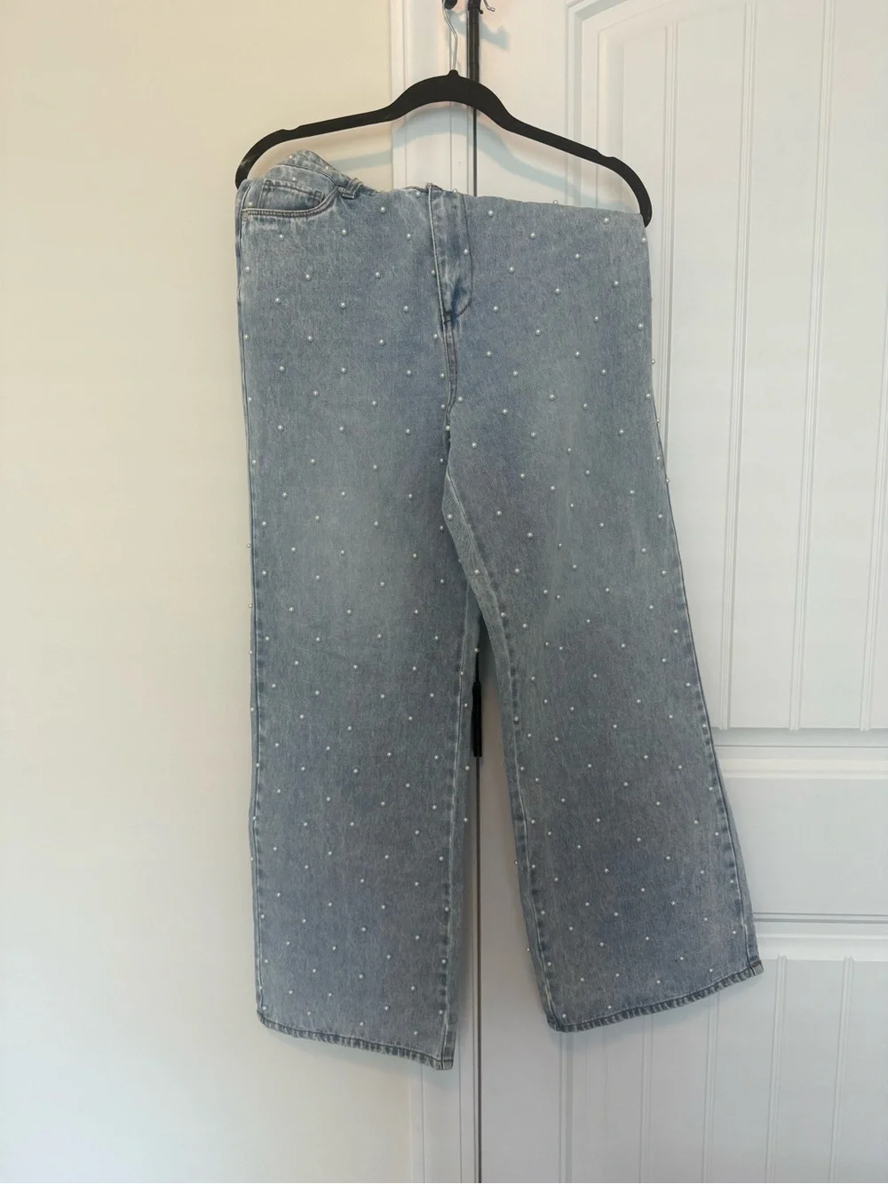 Blank NYC Light Blue Pearl-Studded Wide Leg Jeans